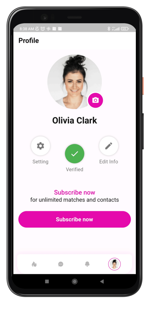 Image is showing a screenshot mobile phone mockup of the main Unjabbed unvaccinated dating app profile page where you can change your settings and edit info.